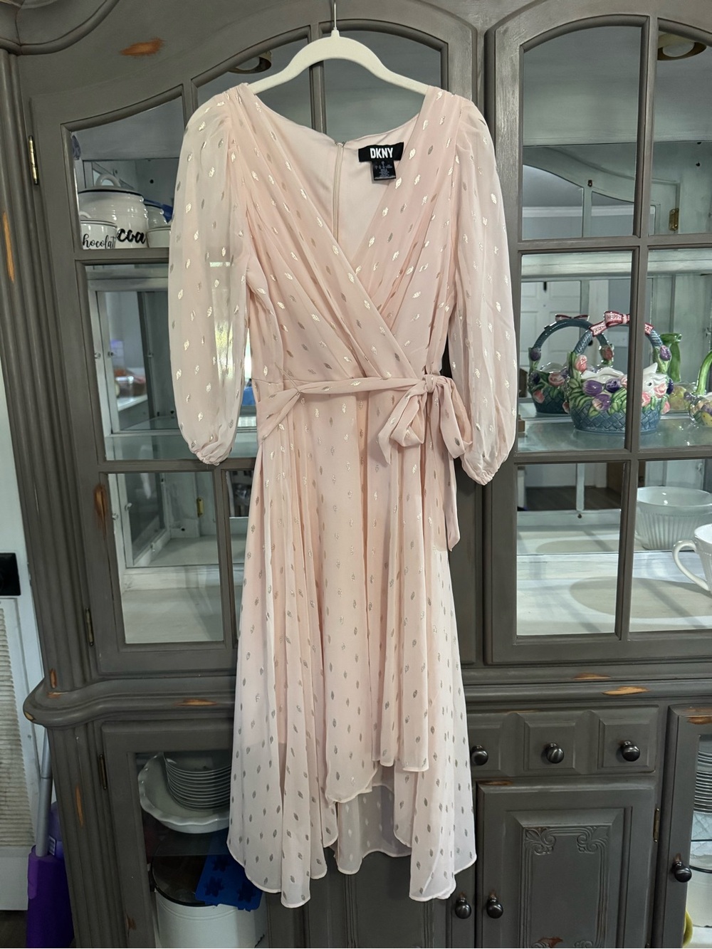 DKNY Pale Blush Wrap Midi Dress with Metallic Dots